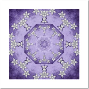 Silver flowers on deep purple textured mandala Posters and Art